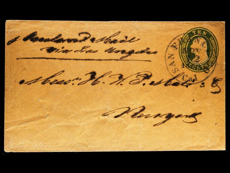 Overland Mail Via Los Angeles, 10c Nesbitt U16 Entire, New York via the Butterfield Overland Route