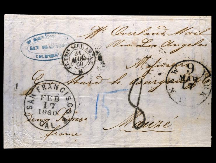 Overland Mail via Los Angeles, Stampless Folded Letter from San Francisco to France