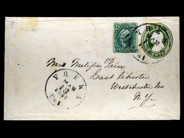 #16, 10c Green Type IV on 10c Green Nesbitt Entire, "YREKA, CAL" 1857 cds, Double Rate via Panama