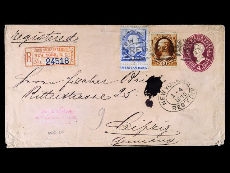 1887 1c Ultramarine, 212 with Part Imprint with Wide Selvage at bottom and 1888 30c Orange Brown, 212 on 4c Red Entire on Registered Cover to Germany