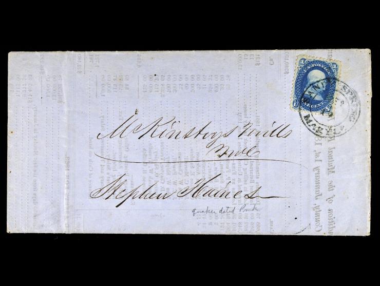 1861, #63 1c Blue with Sandy Springs, MD Double-Circle cds, on Printed Circular