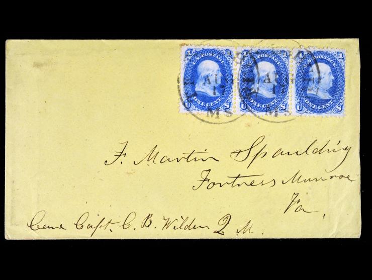 1861 #63 1c Blue, Horizontal Strip of Three, Tied by Tewksbury, Ms cds