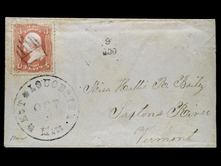 #65 3c Rose, Fancy Shield Cancel, Tied on Cover to Vermont