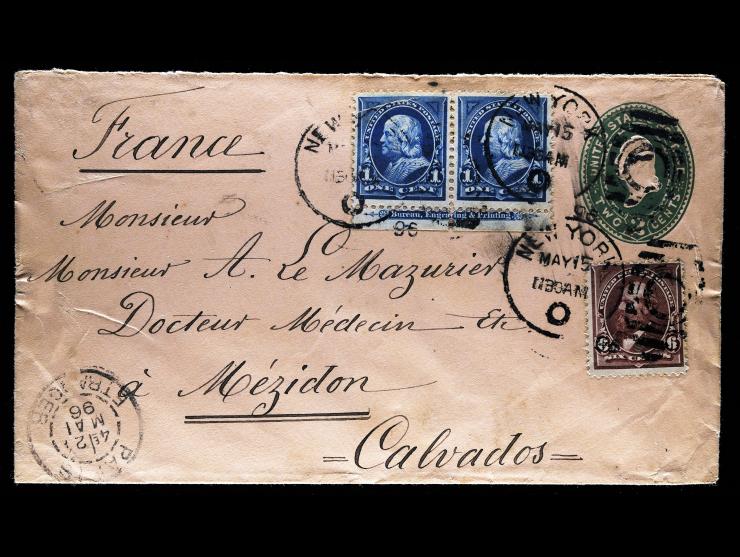 #247 1c Blue Horizontal Pair with Printer's Mark, Used with #256 6c Dull Brown, on Cover to France