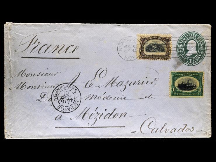 scott 294 and 298 with 1 cent green embossed envelope to France
