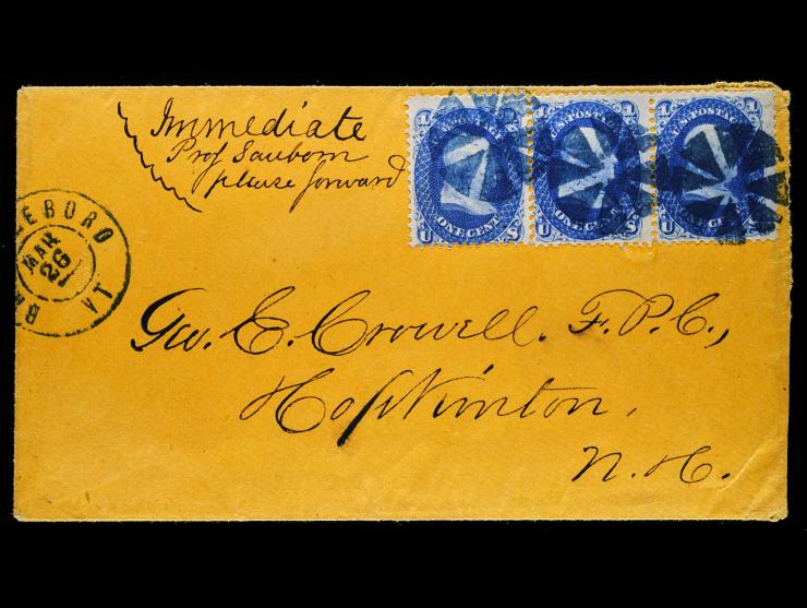 #63 1c Intense Dark Blue, Horizontal Strip of Three, on Cover Tied by Fancy Cancel