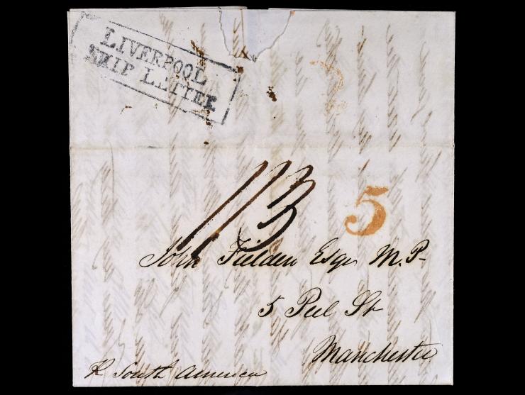 1837 Stampless, New York to Manchester, per "South America"