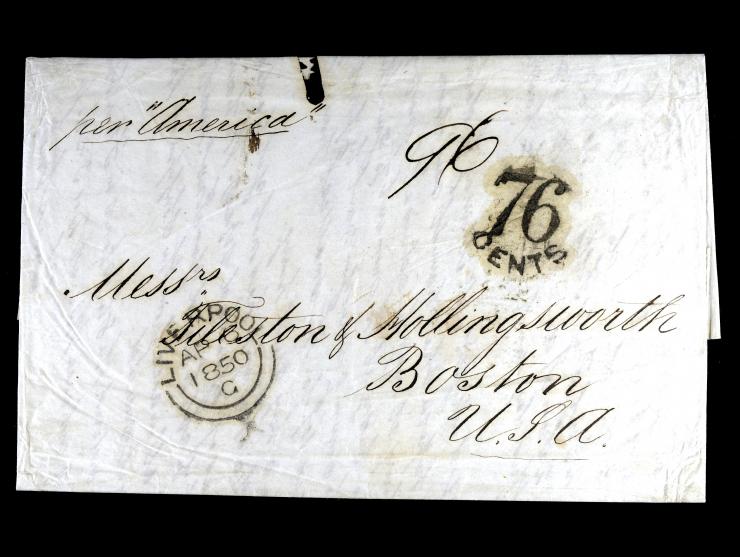 1848 Stampless, United Kingdom to Boston, 'per America' with Manuscript '96' and '76 cents" handstamp