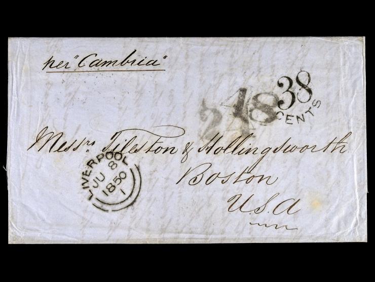 1845 Stampless, United Kingdom to Boston, per "Cambria"