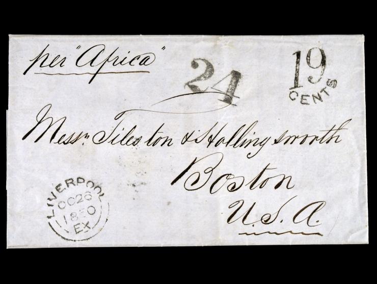 1850 Stampless, Liverpool to New York, "19 cents" Rocking Horse Debit and "24" Handstamp