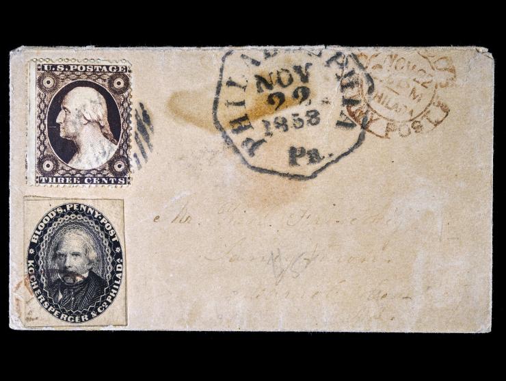 Blood's Penny Post, 1858, 1c Black, with 3c, 26, Tied to Cover