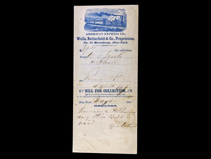 American Express & Co, Wells, Butterfield & Co. Packet with Illustrated Steam Scene on 1855 Bill for Collection