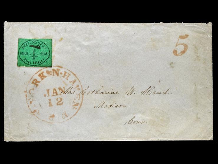 Messenkope's Union Square, 1849, Black on Green, 106L1on cover with New York & New Haven Rail Road red CDS