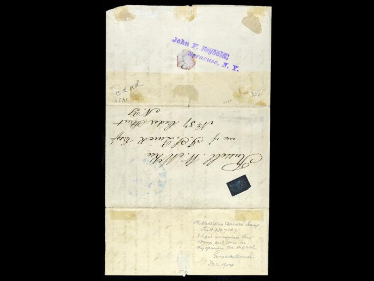 Philadelphia USPO, 7LB7, 1c Black on Blue Glazed Paper, on 1850 Lettter to New York