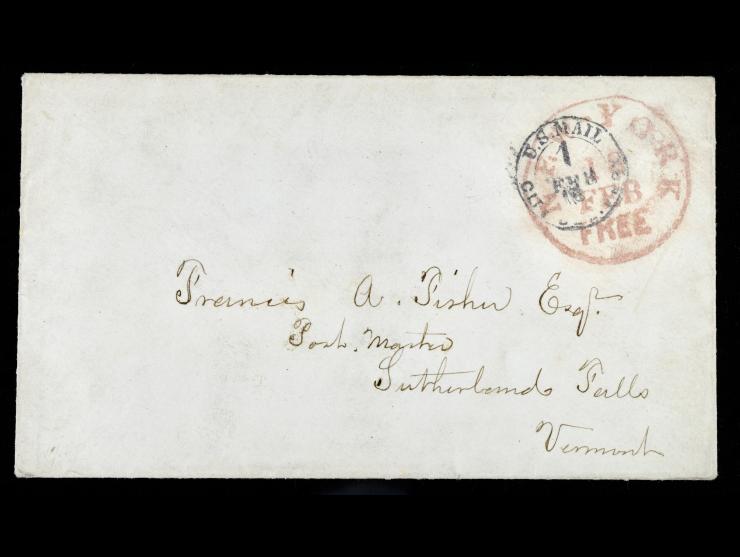 Black U.S. Mail City Delivery and Red New York FREE on Stampless Cover to Vermont