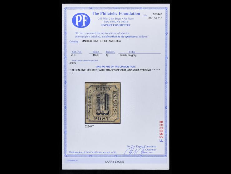 Adams' City Express Post, 1850, 1c Black on Gray, 2L3, Unused