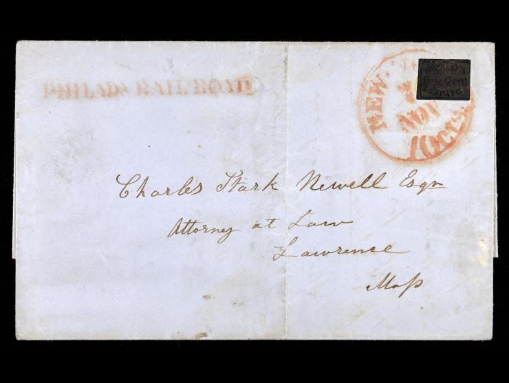 Blood's City Despatch, 1848, 1c Bronze on Black, 15L13, on cover with Red Philadelphia Railroad straightline