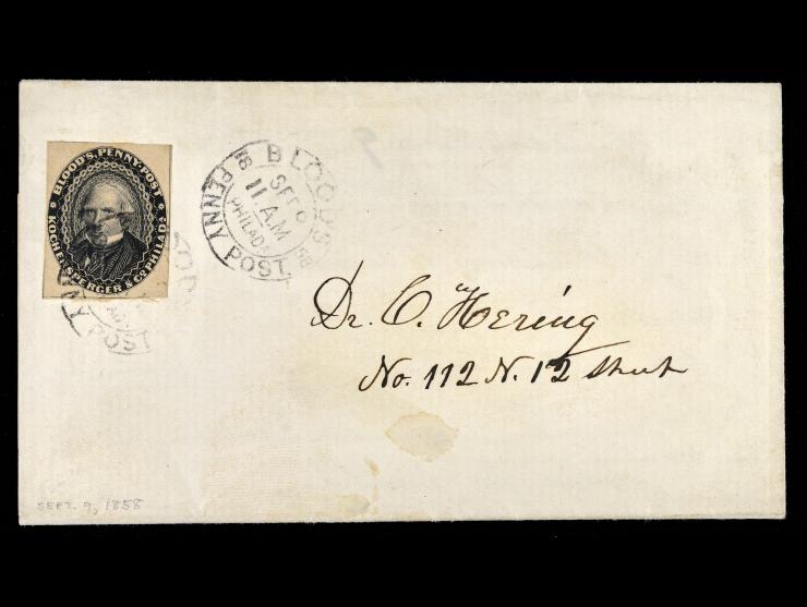 Blood's Penny Post, 1858, 1c Black, Tied to Cover
