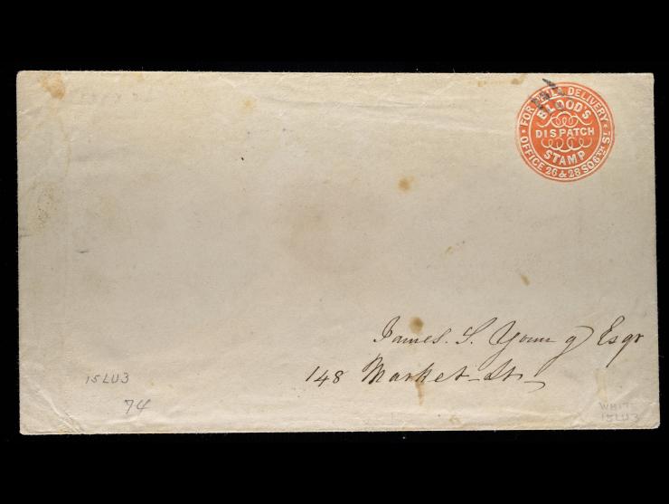 Blood's Penny Post, 1848, Red on White, 15LU3 embossed entire