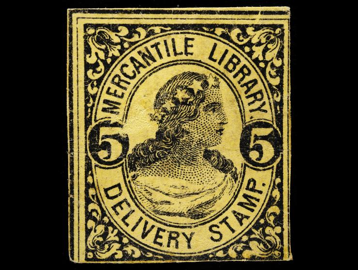 Mercantile Library Association, 1870, 5c Black on Yellow, 105L2, Used with manuscript pen cancel