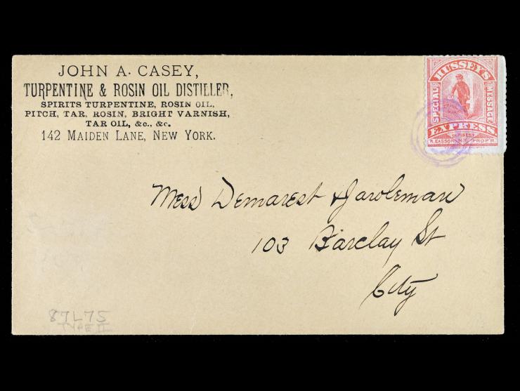 Hussey's Post, 87L75, 1880 Red, Tied by Purple Handstamp on Advertising Corner Card