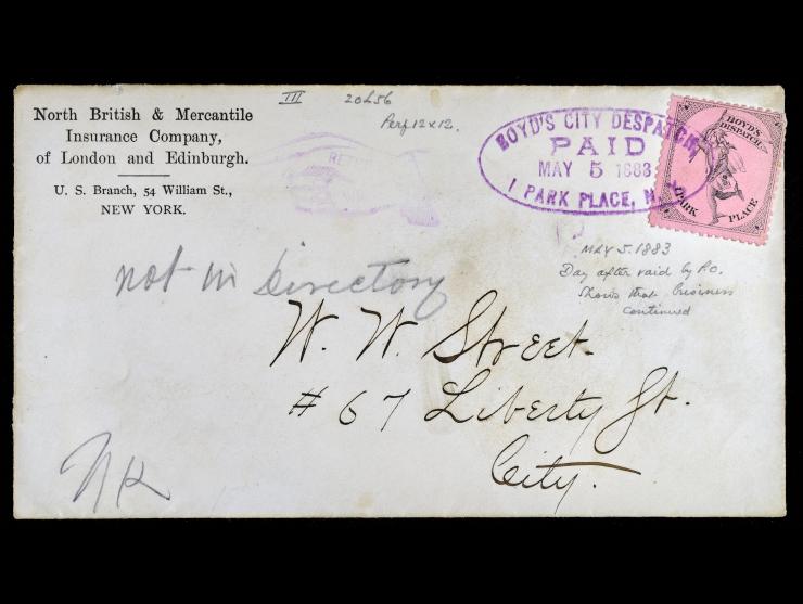 Boyd's Dispatch, 1878, Black on Pink, 20L56, Tied on Corner Card, Sloane's notation "May 5, 1883. Day after raid by P.O. shows that business continued"