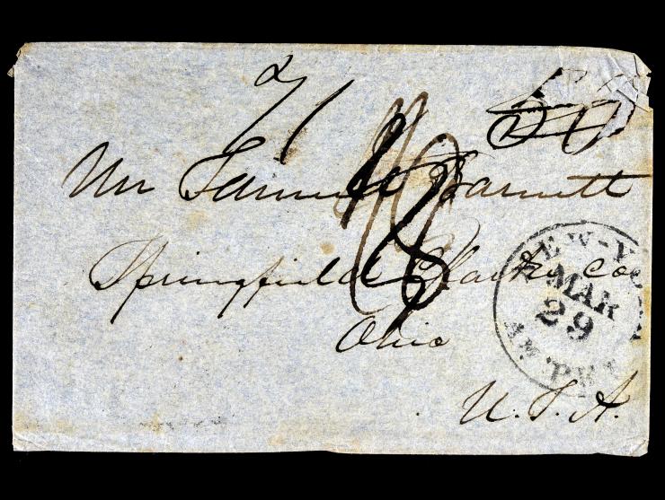 1853 Stampless Cover from Alexandria, Egypt to Springfield, Ohio