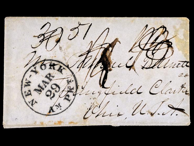 1854 Stampless Cover from Alexandria, Egypt to Springfield, Ohio