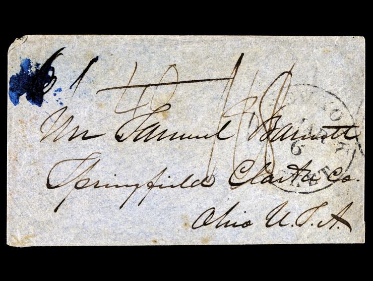 1854 Stampless Cover from Alexandria, Egypt to Springfield, Ohio
