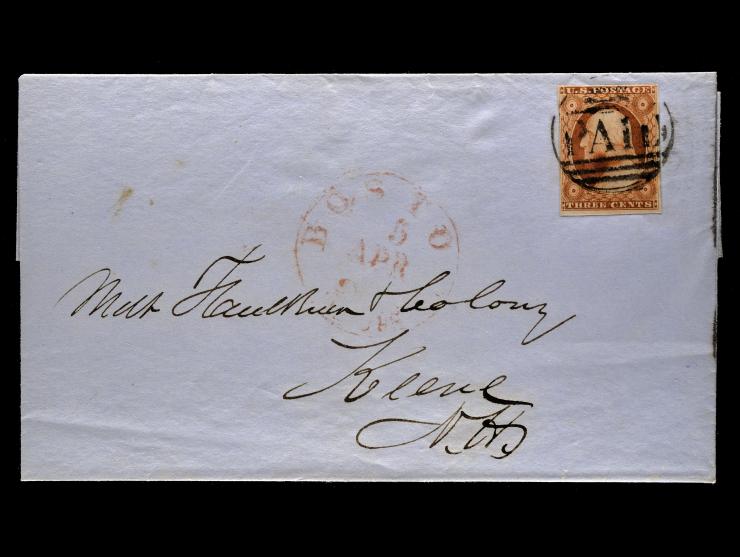 #11 3c Dull Red, Tied by Boston "PAID in Grid" Cancel on Cover