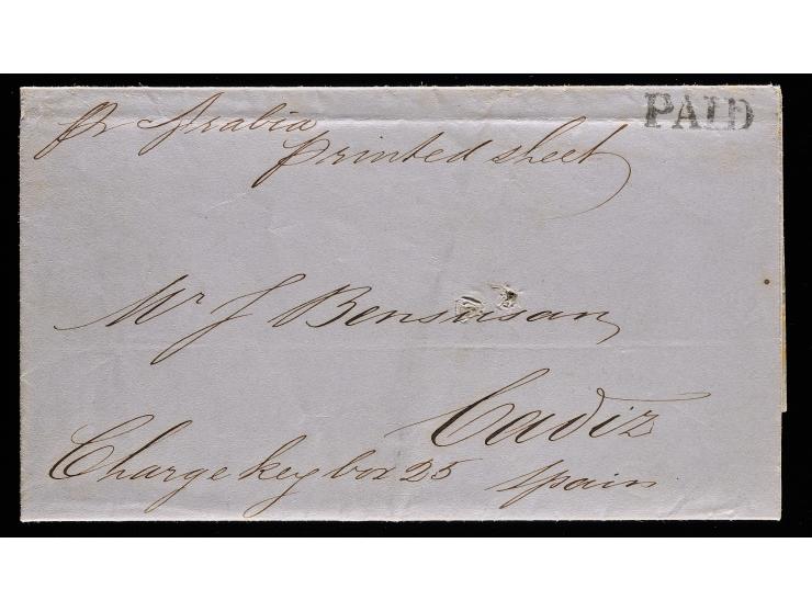 1857 Printed Circular, Charleston, South Carolina to Cádiz, Spain, "PAID" Straightline