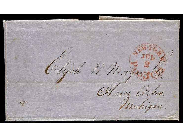 July 2, 1853 Stampless Folded Letter, New York to Michigan, Circular Sent at Letter Rate