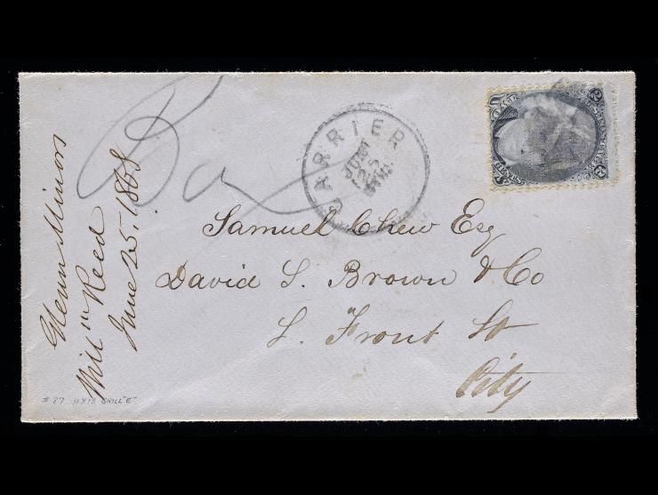 Carrier Postmark with #87 E Grill 2c "Black Jack" Tied by Quartered Cork Cancel on 1868 Cover