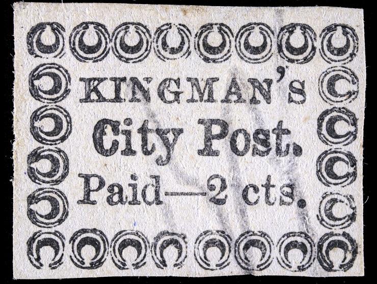 Kingman's City Post, 4LB14, 2c Black on Bluish, Used with Pencil Cancel