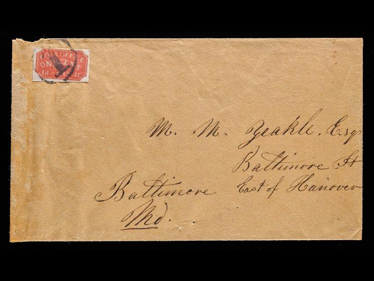 Baltimore Carrier, 1LB1, 1c Red on Bluish, Tied by "1" in Circle Handstamp on Cover