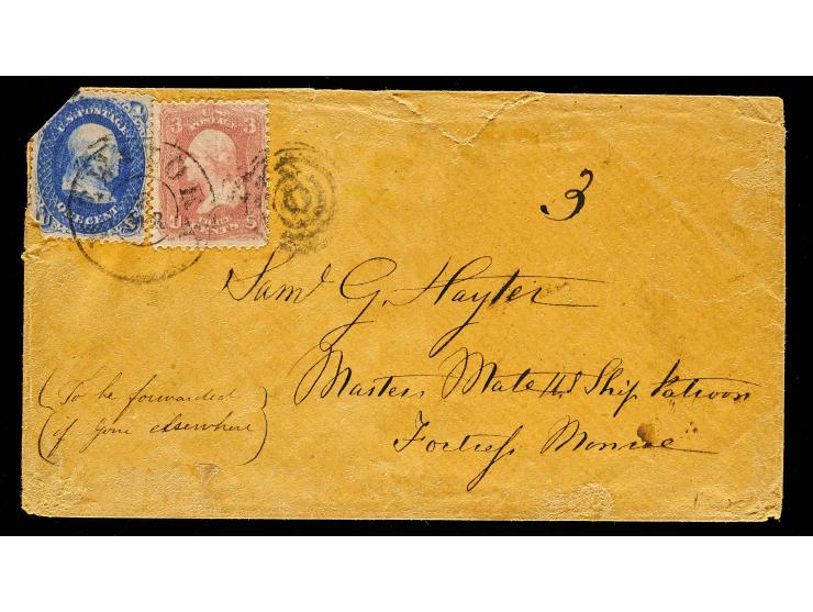 Civil War Union Naval Mail, #63 1c Blue and #65 3c Rose, Both Tied on Cover to Fortress Monroe, Virginia
