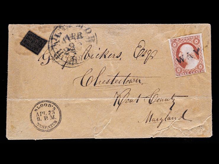 D.O. Blood & Co., 15L13, 1c Bronze on Black, Acid Tied on Cover with #11 3c Red with Straightline "WAY"