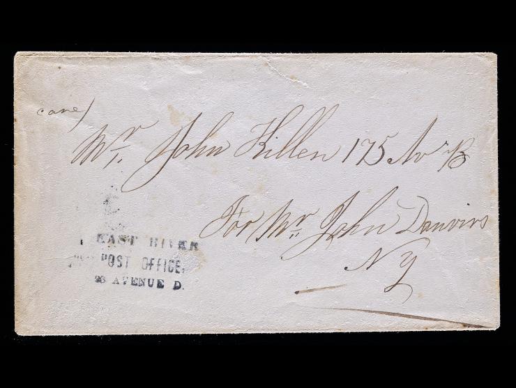 East River Post Office, 23 Avenue D, Black Three-Line Handstamp on Stampless Cover to New York