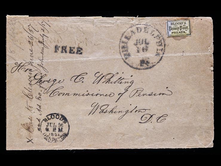 D.O. Blood & Co., 15L14, 1c Bronze on Lilac, To The Mails Usage, “FREE” Straightline