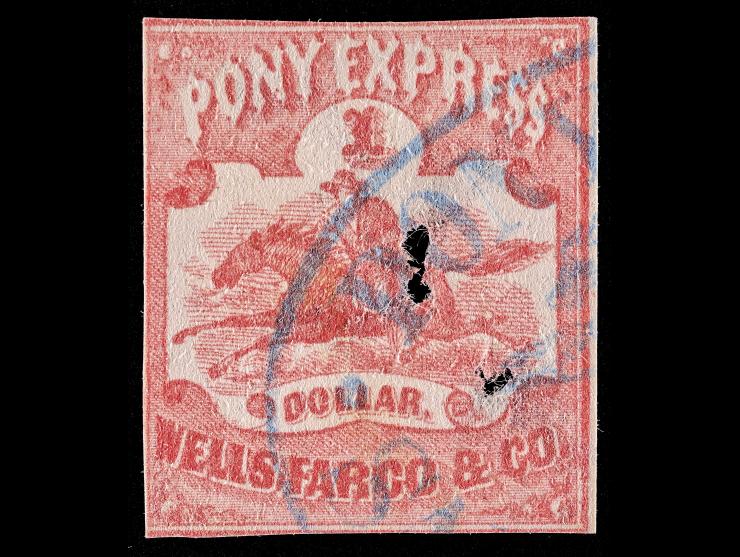 Wells, Fargo & Co. Pony Express, $1.00 Red, 143L3, Used with Blue Pony Express Oval Datestamp