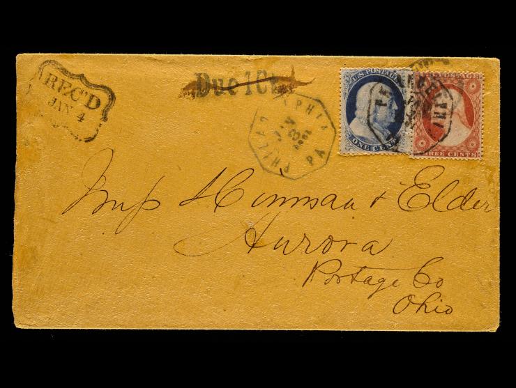 #26 3c Rose and #24c 1c Blue, Both Tied on 1861 Cover from Philadelphia to Ohio, Ornamental "REC'D" Handstamp