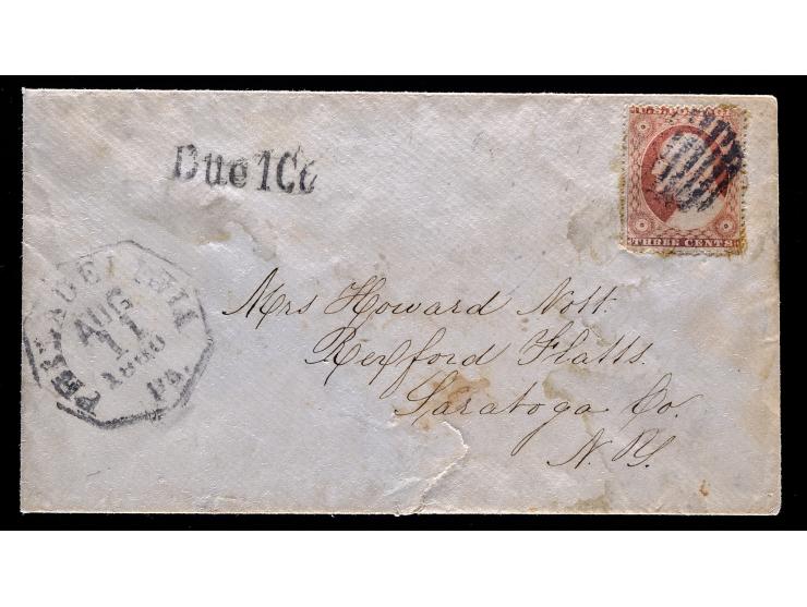 #26 3c Red with Seven Bar Grid in Circle Cancel on August 1860 Cover with "DUE 1 Ct" Carrier Fee Marking
