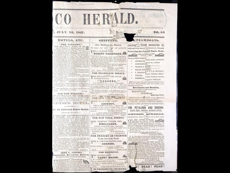 Wells, Fargo & Co's, California Express and Banking Company, Express & Exchange, Large Blue Oval Handstamp on Front Page of 1857 San Francisco Herald