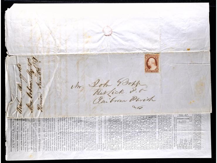 #11 3c Red, Tied by Faint Handstamp on 1857 New Orleans Prices Current