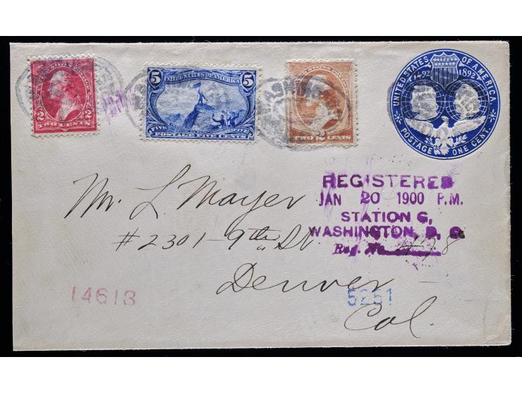 1900 Registered Cover on U348 1c Deep Blue Entire with #210 2c Brown, #279b 2c Red, and #288 5c Dull Blue, All Tied