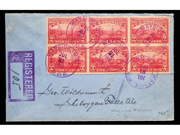 #373 1909 2c Carmine, Block of Six, Tied by Purple Double-Circle Cancel on Registered Cover