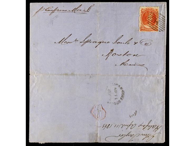 Nova Scotia #12 10c Vermilion, Tied by "H" in Grid on 1865 Folded Letter from Halifax to Boston, Via St. John Express Mail