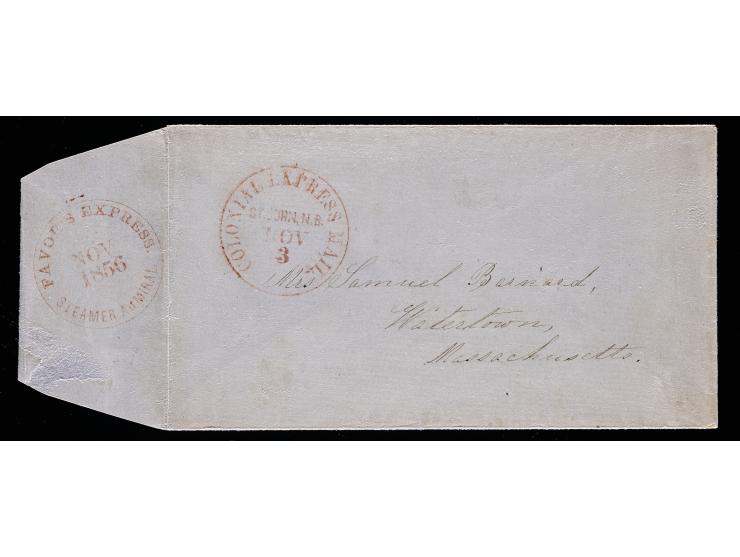 Favor’s Express, Steamer Admiral, Red Circular Datestamp with Matching "Colonial Express" Circular Datestamp on 1856 Cover from New Brunswick to Massachusetts