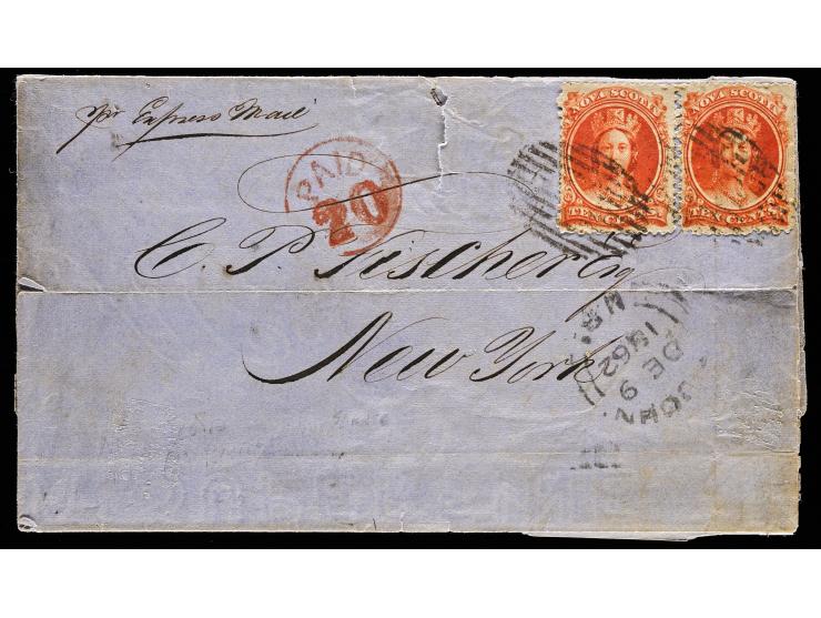 Nova Scotia #12 10c Vermilion, Two Singles, Tied by Oval Grid Cancels on 1862 Folded Letter from Halifax to Boston, Via the Bay of Fundy, Per Express Mail