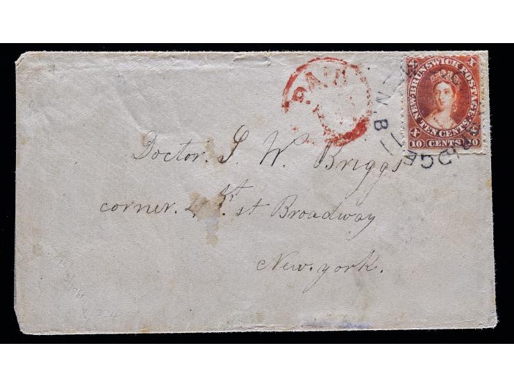 New Brunswick #9 10c Vermilion, Tied on 1861 Cross-Border Cover to New York
